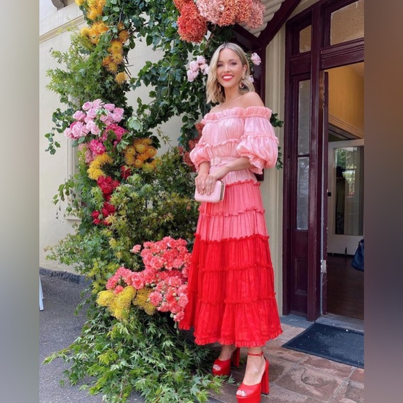 Leo Lin Flamingo Tiered Red and Pink Ruffle Dress - Picture 1 of 8
